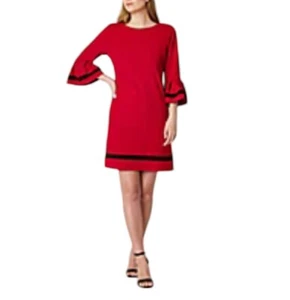 R&K Red Shift Dress 3/4 Bell Sleeve 14 Holiday Valentine Cocktail Party Slimming - Picture 1 of 10