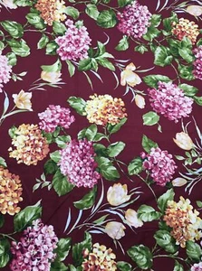 Cranston Fabric Pink and Orange Hydreanga Pastel Tulips on Maroon Background 2+Y - Picture 1 of 3