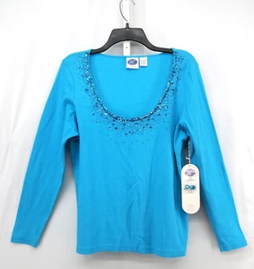 Diane Gilman Blouse Womens Large Turquoise Blue Long Sleeve Beaded Neckline Top - Picture 1 of 6