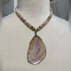 Natural Stone Beaded Neutral Colored with Large Sliced Agate Central Stone