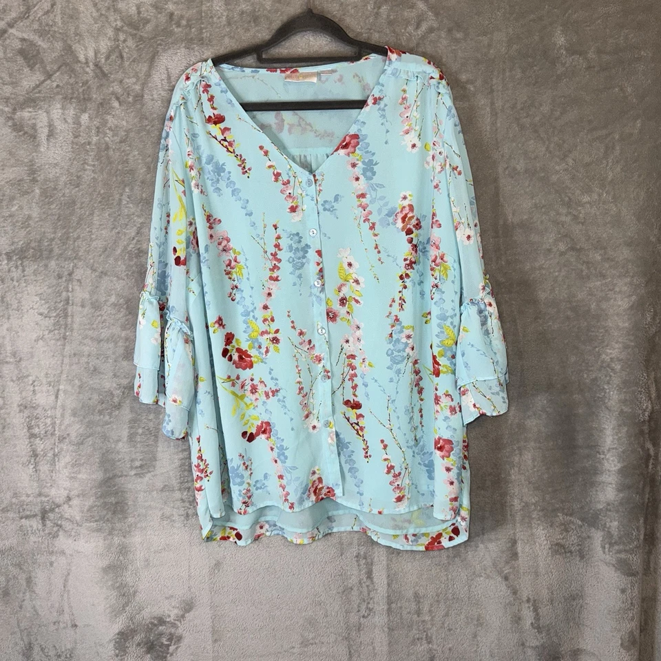 Blusa Belle by Kim Grava Floral Azul Botón Mangas Transparentes 1X Primavera Pascua Foto 1 de 4