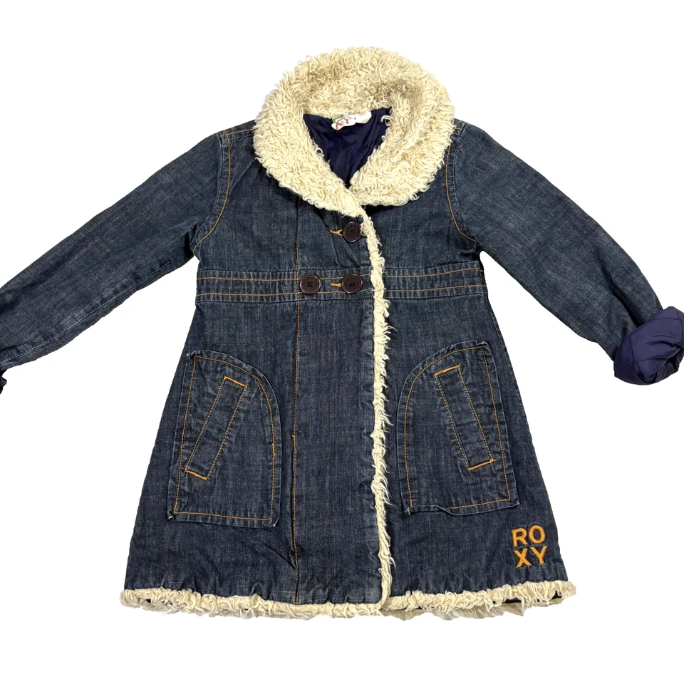 Roxy 女孩牛仔夏尔巴夹克中号蓝色牛仔外套模糊衬里无帽冬季 — 第 1/4 张图片