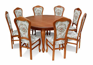 Klassischer Rund Runder Tisch Holz Design Esszimmer Tische + 8 Stühle Konferenz