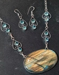 Labradorite & Blue topaz 925 Earring And Necklace Set. Absolutely Stunning! 3033 - Picture 1 of 15