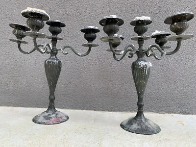 Paire de chandeliers candélabres Bronze Patine Brune Ancien Napoléon III - Photo 1/4