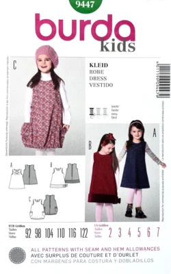 Burda Sewing Pattern 9447 Childs A-line Pinafore Dress in 3 Styles - Sizes 2 - 7 - Image 1 of 2
