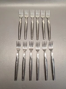 Mid Century Eldan Stainless Steel Japan Lot Of 12 Tiny Small Forks Black Handle - Picture 1 of 8