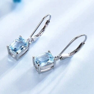 3 CT Cushion Cut Aquamarine Drop Dangle Leverback Earrings 14K White Gold Finish - Picture 1 of 5