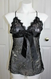 Womens Victorias Secret Size Small Black & Metallic Silver Bow Front chemise top - Picture 1 of 3