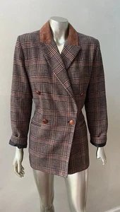 Double Breasted Retro Vintage 90s Plaid Wool Suede Collar Blazer Jacket Coat 4 - Picture 1 of 4