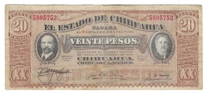 Currency Selection from Mexico, Chihuahua State, 20 Pesos - Picture 1 of 2