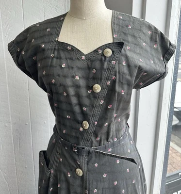 40s Cotton Floral Print Shirt Dress Button Front Short Sleeve - Image 1 of 4