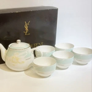 Yves Saint Laurent Discontinued Green Floral Tea Set 5 Cups Teapot Unused Japan - Picture 1 of 6