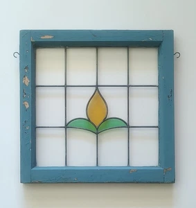 Leaded Stained Glass with Blue Window Frame & Hanging Hooks Shabby Boho Cottage - Picture 1 of 13