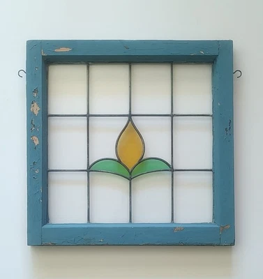 Leaded Stained Glass with Blue Window Frame & Hanging Hooks Shabby Boho Cottage - Image 1 of 4