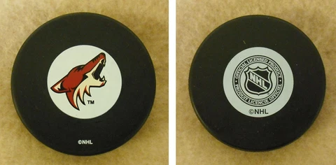 LOT OF 2 HOCKEY PUCKS -NHL OFFICIAL IN GLAS CO - PHOENIX COYOTES #1  - FREE SHIP Cover