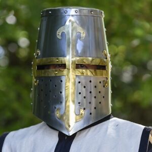 Knights Templar Brass Trimmed Crusader Practice Helmet Armor Steel Head Guard