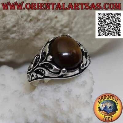 Anello in Argento 925‰ Occhio di tigre incastonato da decorazione floreale cresc - Immagine 1 di 4
