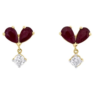 14K Yellow Gold Natural Ruby & Diamond Dangle Drop Studs 10mm Earrings 1/6 CT - Picture 1 of 6