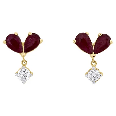 14K Yellow Gold Natural Ruby & Diamond Dangle Drop Studs 10mm Earrings 1/6 CT - Image 1 of 4