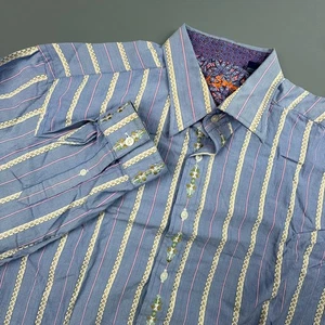Robert Graham Hemd Herren XL Blau Streifen Kontrast Bündchen Langarm Funky Button - Bild 1 von 11
