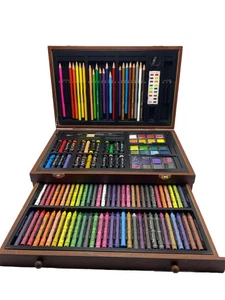 Art 101 Art Essentials Set Wood Box Pastels Crayons Brushes Pencils - Picture 1 of 9