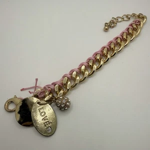 Vintage Bettelarmband goldfarben klobig Y2K Kette rosa Band Liebe verstellbar - Bild 1 von 8