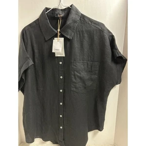 Quince Linen Short Sleeve Button Down Camp Shirt Top Blouse Womens Size L Black - Picture 1 of 9