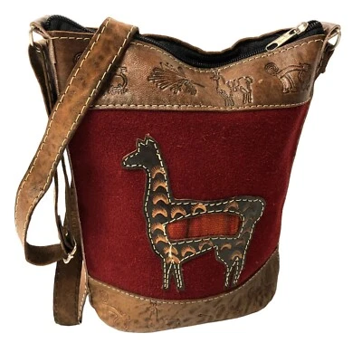 Bolsa de mão vintage anos 80 feita à mão couro artificial camurça vermelha lama animais safári - Imagem 1 de 4