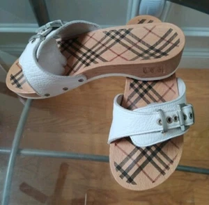 BURBERRY Nova Check Wooden Clog Buckle Slide Sandals Women's 38 White Leather - Picture 1 of 12
