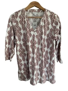 J Jill Pure Jill Womens LP Brown White Diamond Cotton Top Southwestern - Picture 1 of 5