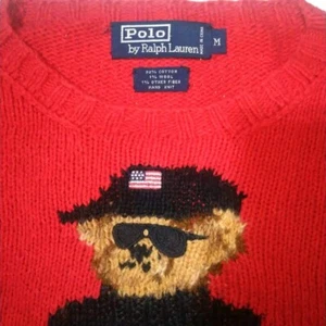 Vintage 90's Polo Ralph Lauren Polo Bear Sunglasses Sweater Hand Knit Size M Red - Picture 1 of 6