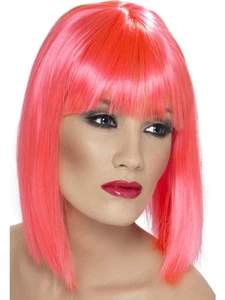 Womens Short Bright Pink Straight Hair Wig with Bangs Halloween Costume Adult - Picture 1 of 1