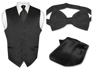 Men's BLACK Dress Vest NeckTie Bow Tie and Hanky Set for Suit or Tuxedo - Picture 1 of 18
