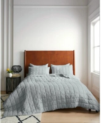 NWT QUINCE EUROPEAN LINEN BOX QUILT ONLY FULL QUEEN MIST COVERLET BEDSPREAD - Image 1 of 4