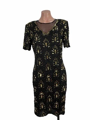 Vintage Stenay Black Gold Beaded Sequined Cocktail Formal Event Dress Sz 8 Silk - Image 1 of 4