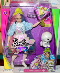 NIB 2020 BARBIE EXTRA #2 DOLL ASIAN PINK/PURPLE TINSEL HAIR IRIDESCENT DRESS DOG - Picture 1 of 21