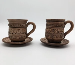 2 Pottery Rustic Mugs with Saucers Coffee /Tea Handmade Made In Ukraine - Picture 1 of 12