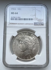 1922 Peace Dollar NGC - MS64 - INV#7202 - Picture 1 of 2