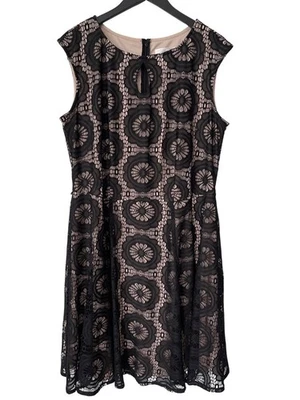 London Times Dress Size 16W Lace Overlay Sleeveless Fit and Flare Black Beige - Image 1 of 4