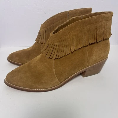 JOIE Makena Suede Fringe Ankle Boots Booties Shoe Camel Tan Sz 41/US-11 2” Heel - Image 1 of 4