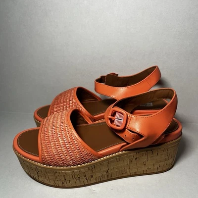 SANDALIAS DE CUÑA FITFLOP NUEVAS EN CAJA CUERO ELOISE Y RAFIA TEJIDAS CORREA TRASERA CORAL 8 Foto 1 de 3