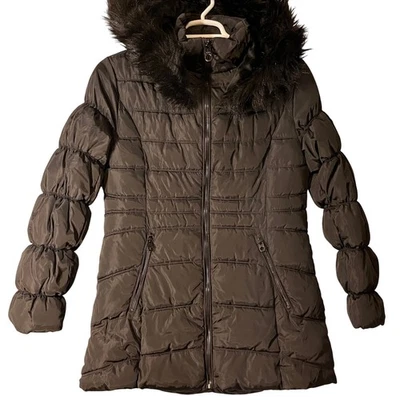 Женский черный пуховик пальто искусственного меха капюшон выстеганная зимняя куртка размер большой - Изображение 1 из 4