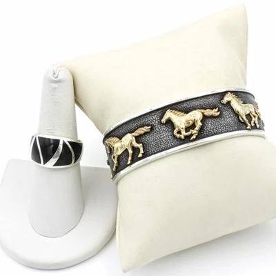 Lote de 2 anillos de ónix negro pulsera caballos galopantes Kabana Sterling 14K #S3927-4 Foto 1 de 4