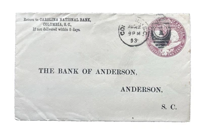 US SC U349 COLUMBIA, SC POSTAL COVER HISTORY 1893 - Image 1 of 2