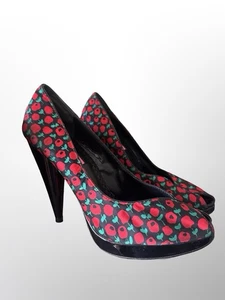 Zapatos de salón Betsey Johnson Peep Toe Clovis negro satinado rojo rosa floral tacón cono talla 8 - Imagen 1 de 7