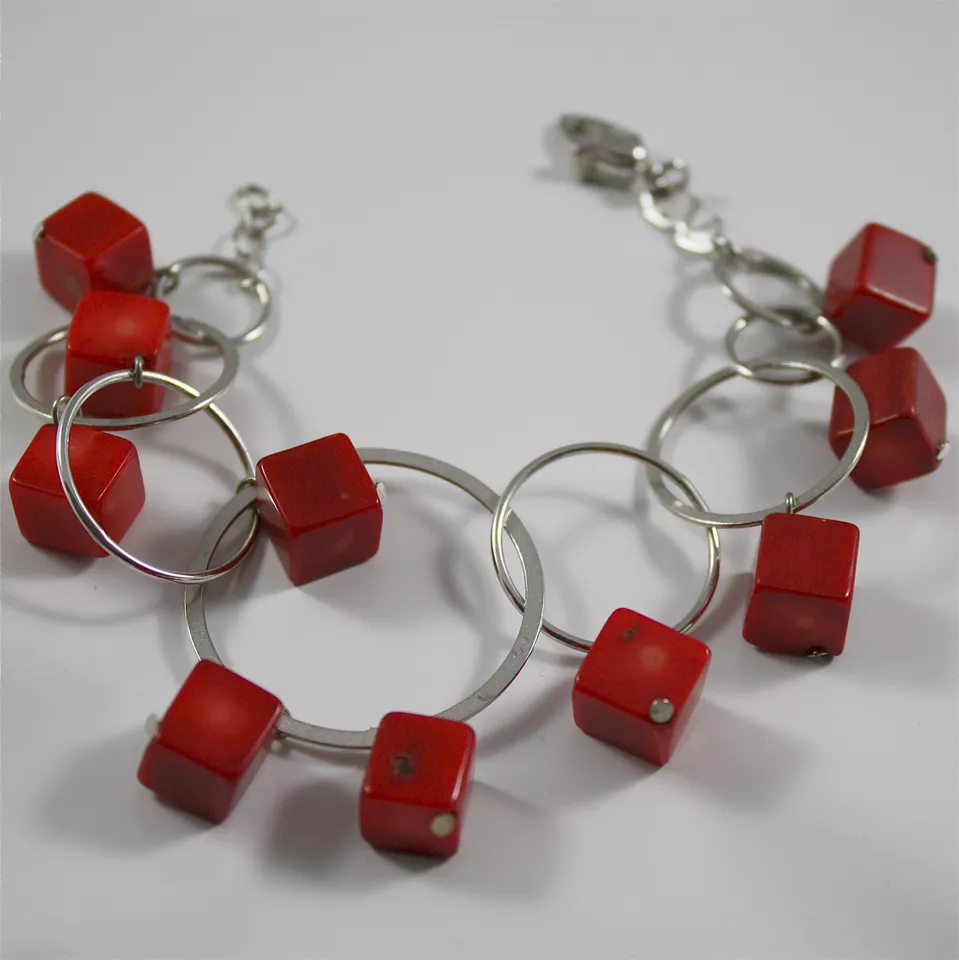 Silber Armband 925 Rhodium Mit Koralle aus Bambus' Rot Und Kreise Treppenschliff - Bild 1 von 1