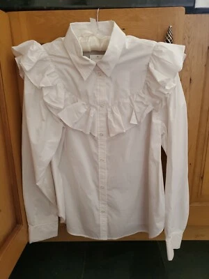 White Ruffle Style Blouse Shirt Size Approx Uk 12 100% Cotton NEW/TAGS - Image 1 of 4