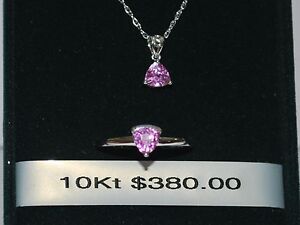 10K White Gold Necklace, Pendant & Ring With Pink Sapphire