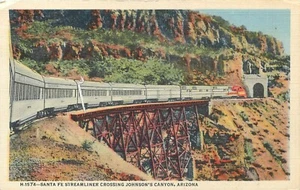 ARIZONA SANTA FE STREAMLINER ZUGÜBERQUERUNG JOHNSON'S CANYON 1948 LEINEN POSTKARTE - Bild 1 von 2